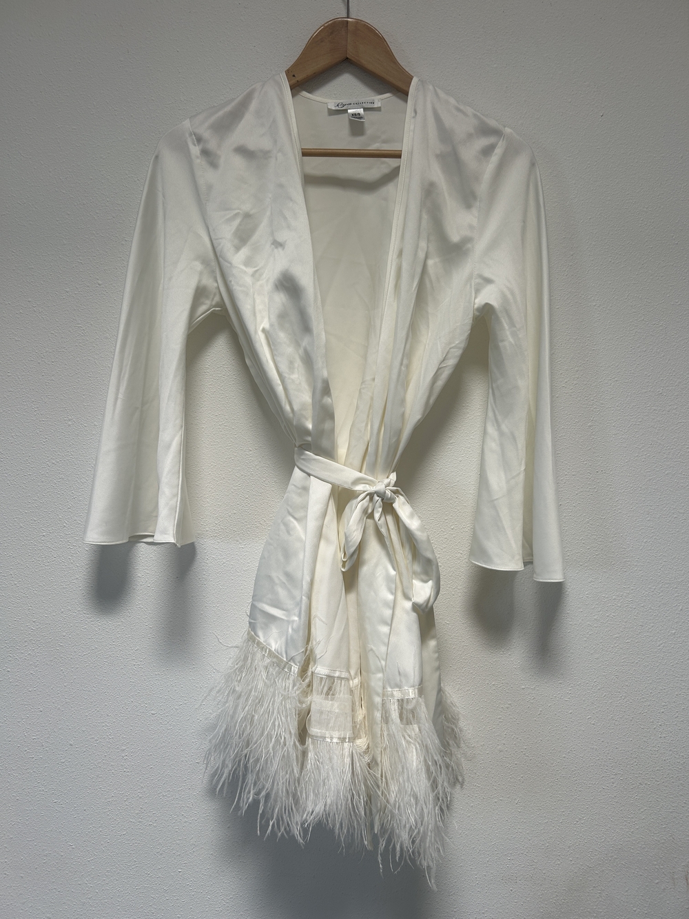 Ivory Satin Feather-Trim Tie-Waist Robe